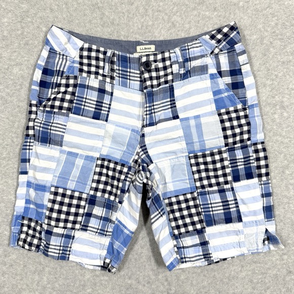 LL Bean Shorts Womens 4 Patchwork Madras Plaid‎ Favorite Fit Blue Coastal Preppy - Picture 1 of 13